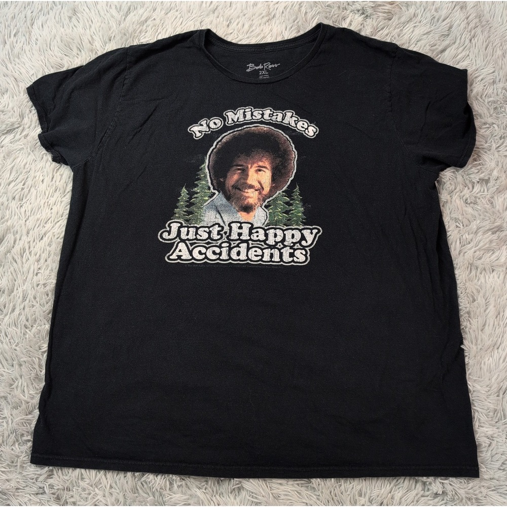 Bob Ross Shirt Womens 2XL Black Tee Top No Mistakes Just Happy Accidents